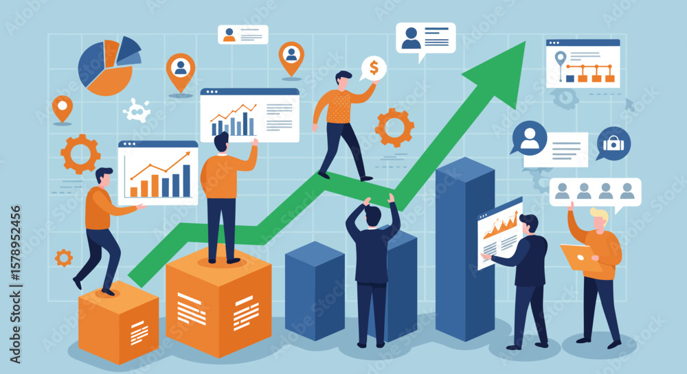 Poster illustration of business team collaborating on data analysis and growth with charts and graphs shown
