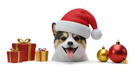 Dog in Santa hat with gifts ornaments