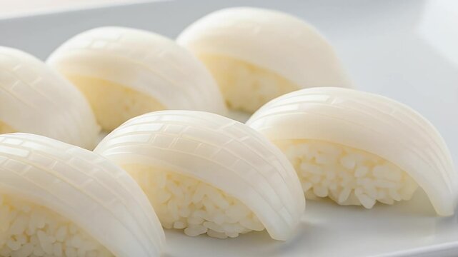 Closeup of delicious white squid sushi pieces on a white plate high quality food photography showcasing fresh seafood ideal for restaurant or food blog use