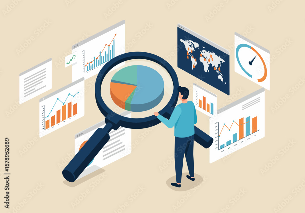 Poster analyzing statistical data and business performance metrics with a magnifying glass revealing market