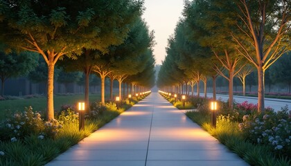 Fototapeta premium Serene bicycle path lined with trees and solar lights. Peaceful atmosphere for evening strolls. Warm glow of lights enhances natural beauty. Perfect for outdoor recreation, leisure and design.