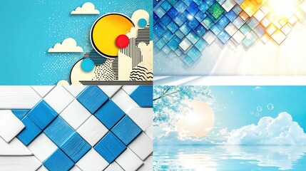 A vibrant collage showcases abstract art, geometric patterns, and serene landscapes across four panels