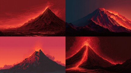 Four digital paintings depict volcanoes erupting with vibrant orange and red lava flows against dramatic skies