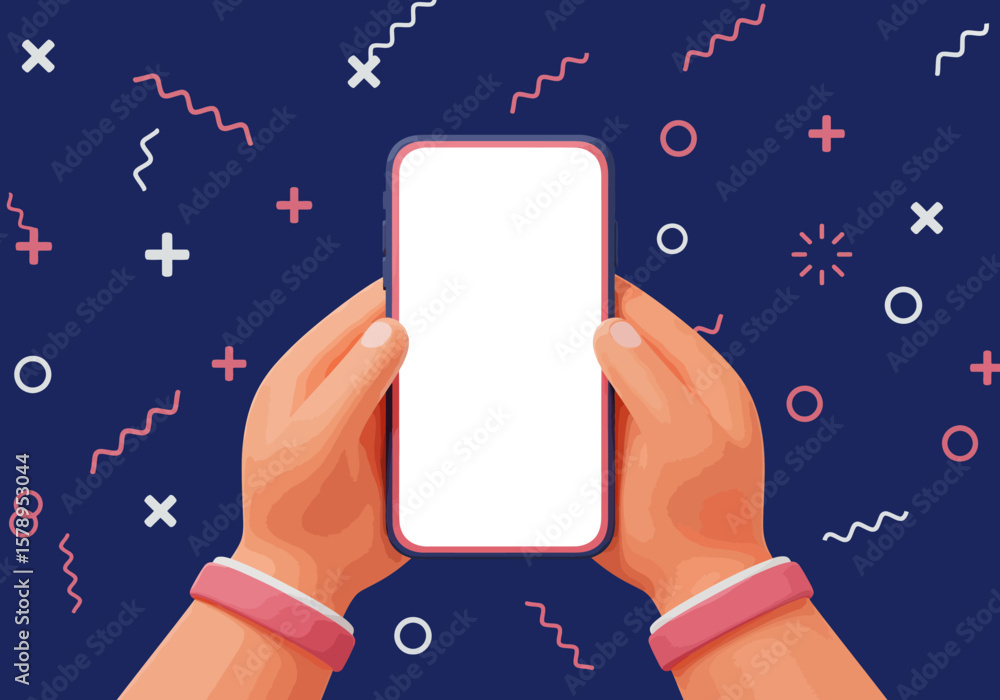 Poster hands holding a blank screen smartphone with colorful abstract shapes floating around the device cre