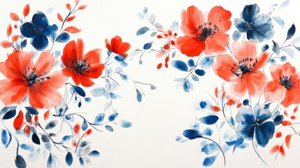 Watercolor painting of red and blue flowers and leaves on white background.