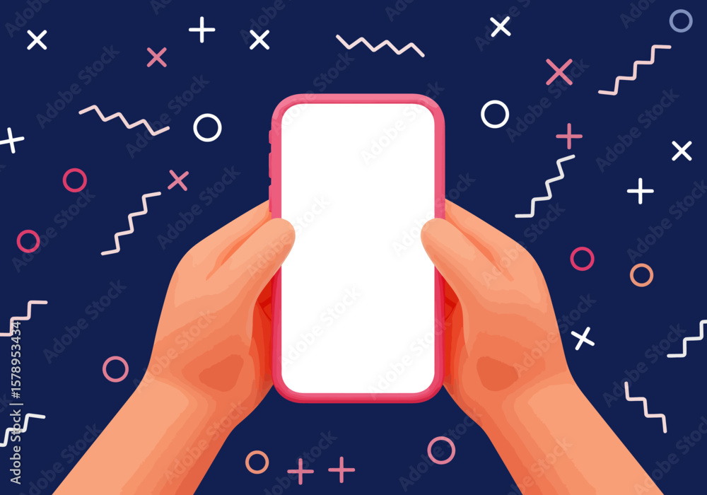 Poster hands holding a smartphone with a blank white screen showcasing a vibrant and playful abstract geome