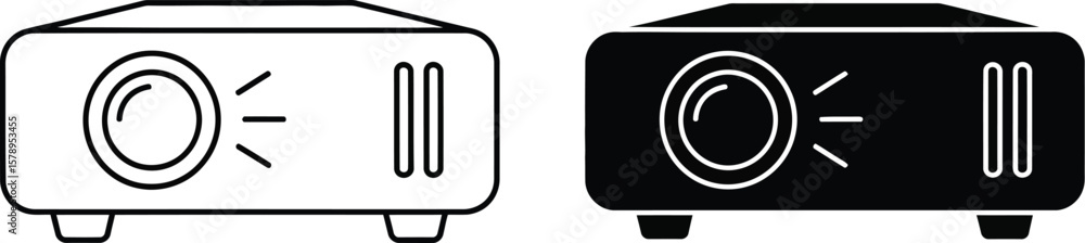 Poster two projector icons one in outline and one in solid black fill style
