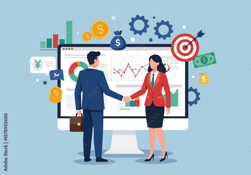 Poster business partners shaking hands in front of a computer screen displaying financial data and charts a