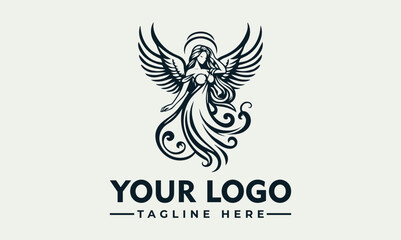 Fototapeta premium Elegant winged angel woman logo design, ornate flowing lines, celestial halo.