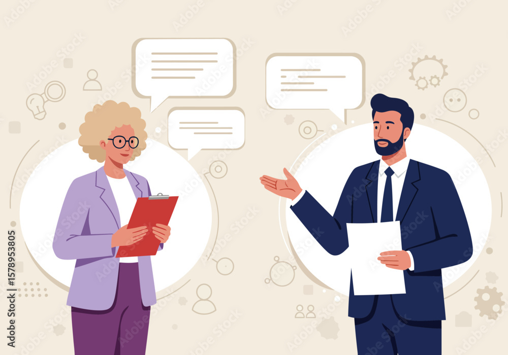 Poster two professionals engage in business conversation discussing ideas and strategies with speech bubble