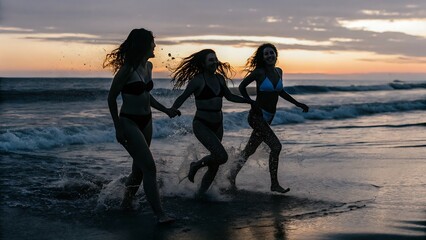 Sunset Beach Fun Three Women Running on Sandy Shore Ocean Waves Summer Vacation Coastal Lifestyle