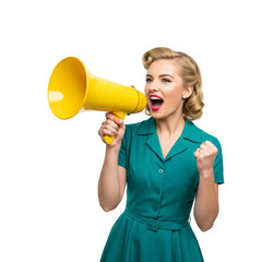 Retro Woman with Megaphone Announcement Isolated Transparent Background