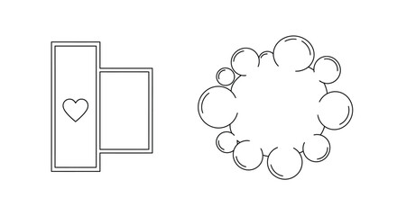 A window with a heart and a fluffy cloud shape are outlined in black on a white background, isolated on white background