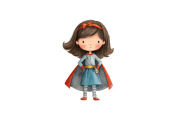 Cute girl superhero illustration red cape blue dress watercolor style transparent background