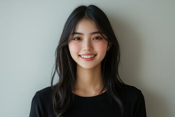 Fototapeta premium Happy young Asian woman smiling, isolated on background, Generative AI