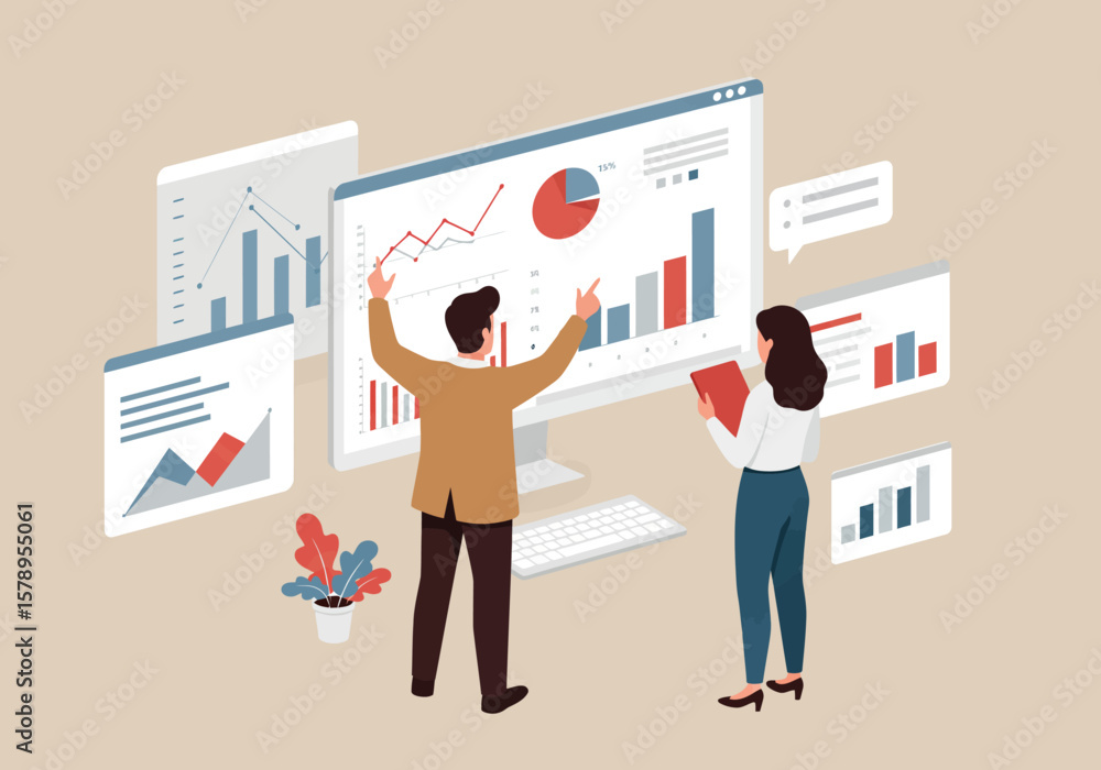 Aufkleber analyzing financial performance and business growth trends through data visualization and team colla