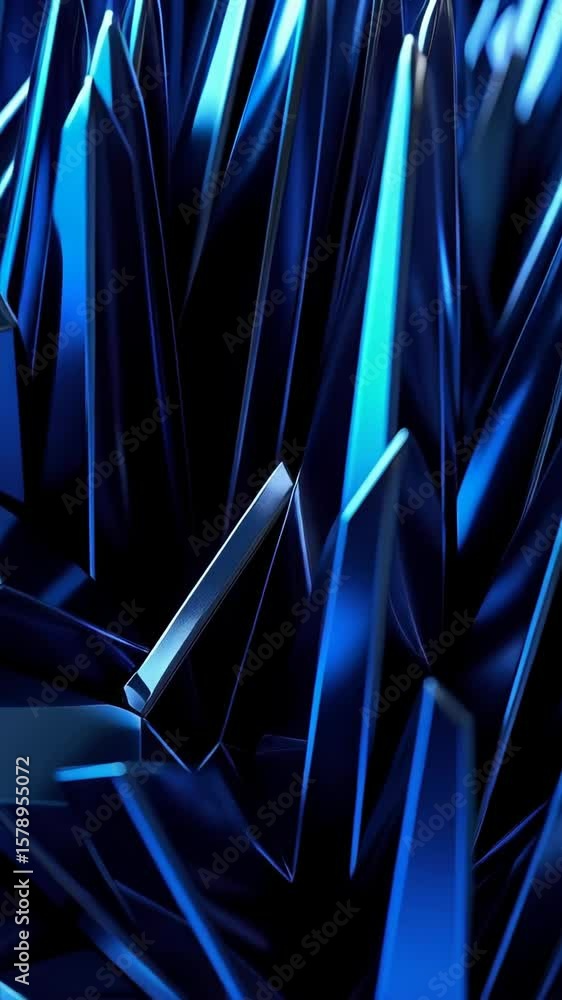 Poster geometric abstract composition of blue triangles and polygons with sleek, glossy surfaces, creating 