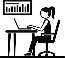 businesswoman working with laptop in the office, black and white vector illustration
