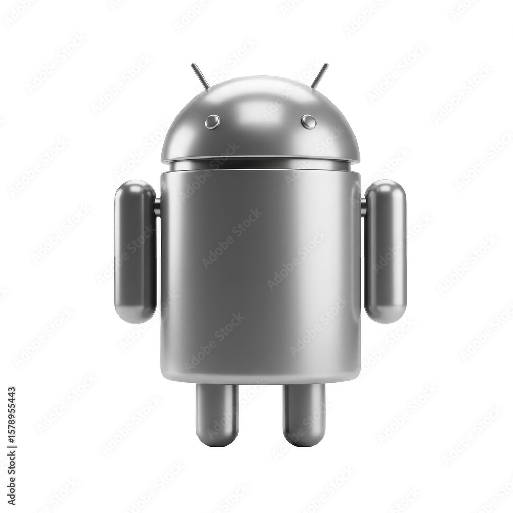 Poster silver metallic android robot mascot 3d rendering on transparent