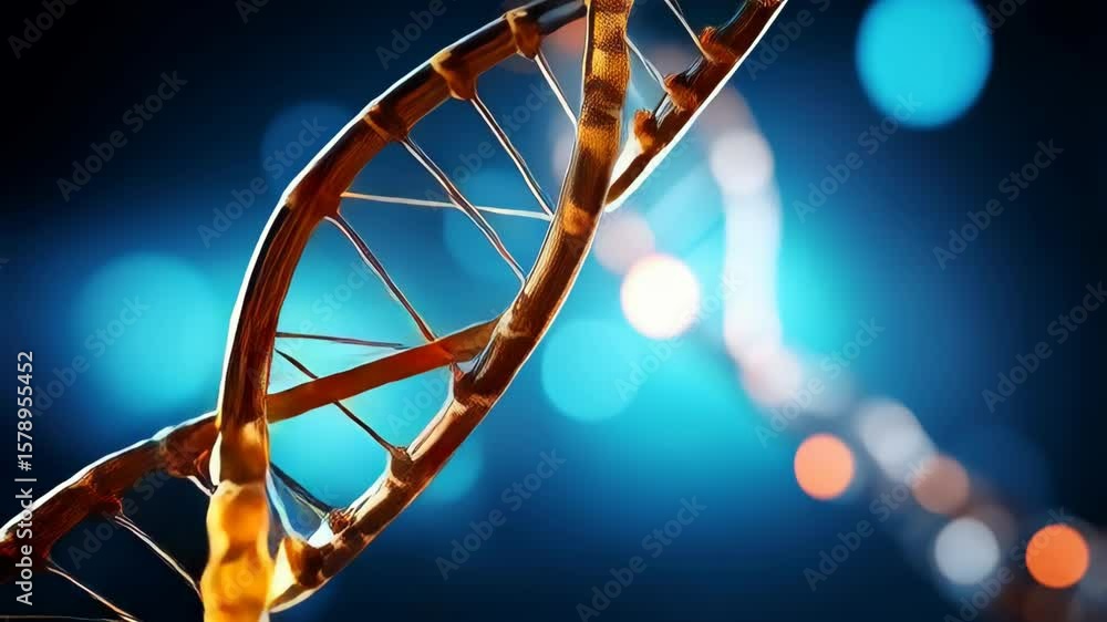 Poster macro view of a metallic 3d dna model with bokeh background, representing science and biology study 