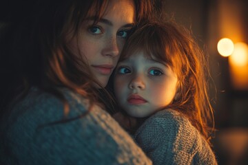 Mother and child relationship concept, an anxious young girl being comforted by her parent with a hug at home, offering emotional support in times of distress, Generative AI