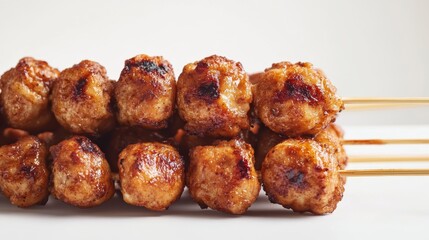 Close-up of two rows of grilled meatballs on skewers, showcasing their texture and rich brown glaze against a white background.