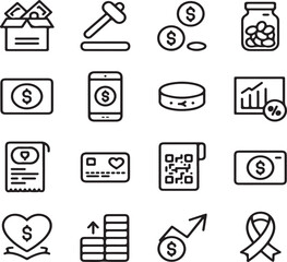 "Modern Outline Icons for Fundraising, Donations, and Financial Support"