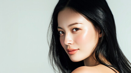 Naklejka premium 健康的なツヤ肌と黒髪が印象的な女性のサイドポートレート・美容