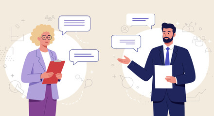 Two professionals engaged in a discussion with speech bubbles indicating communication and collaboration in a business setting
