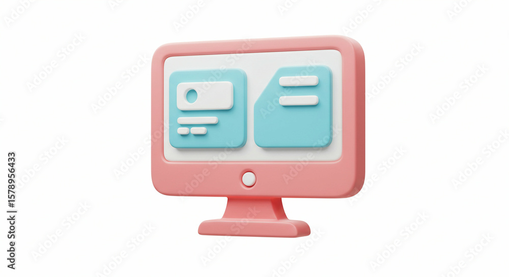Fototapete pink computer monitor displays blue interface simplistic 3d rendering on white