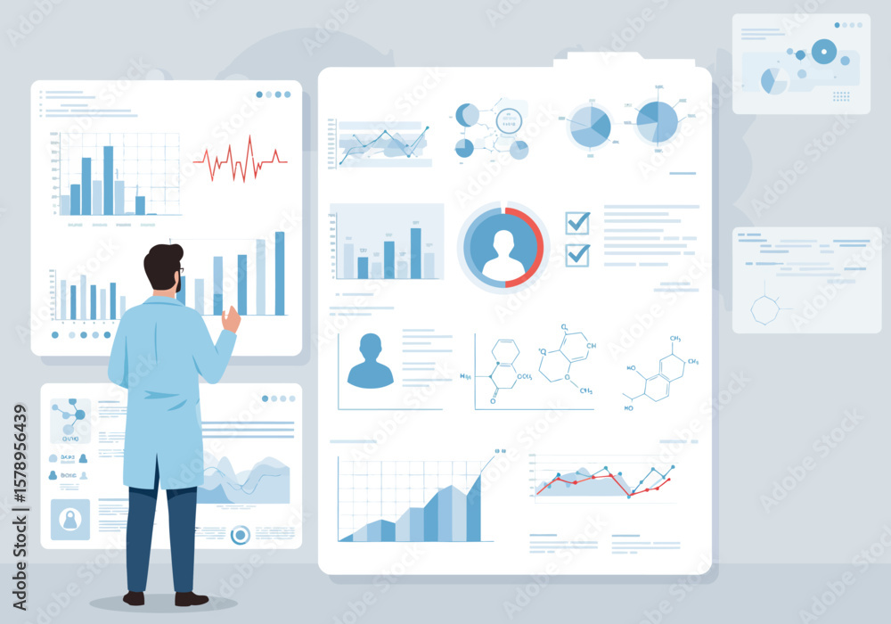 Poster analyzing complex data visualizations and scientific research insights using advanced digital interf