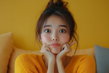 Lack of sleep concern, worried Asian young woman pointing at dark circles under her eyes, feeling the effects of insomnia or overwork, Generative AI
