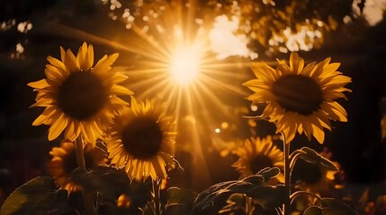 Golden sunflowers bask in the radiant glow of the setting sun, creating a captivating, serene