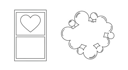 A window with a heart and a fluffy cloud shape are outlined in black on a white background, isolated on white background