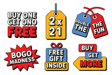 Sale Tags: BOGO, 2x1 Deals, Buy One Get One, Discount Labels, Retail Promotion Graphics