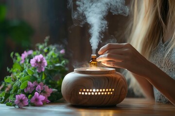 Women dropping essential oils into the humidifier, creating an aromatherapy atmosphere at home for relaxation and improved well-being, Generative AI