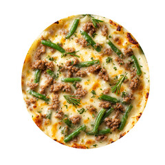 A delicious pizza with green beans and meat is presented from above, showcasing its appetizing and savory toppings isolated on transparent background