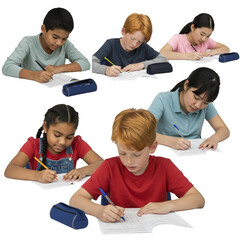 Students Writing with Pens On Papers In Classroom Isolated Background PNG