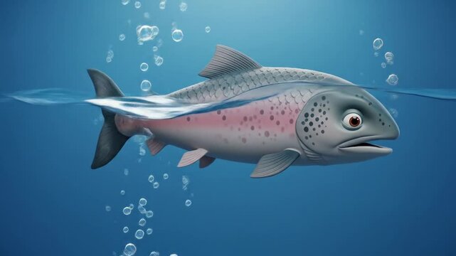 Salmon cartoon rainbow trout playfully swims in vibrant underwater scene. Suitable for fish related designs, childrens books, and aquatic themes.