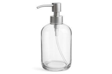 Glass soap dispenser featuring metal pump, standing empty on transparent surface, prepared for liquid soap or sanitizer filling