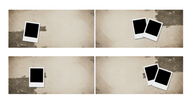 Memory Lane: A nostalgic panorama of aged panels adorned with blank polaroid snapshots, inviting reflection on cherished moments and the passage of time.