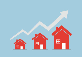 Illustrating the Increasing Trend of Real Estate Values Over Time Through Growth Charts and Red Houses