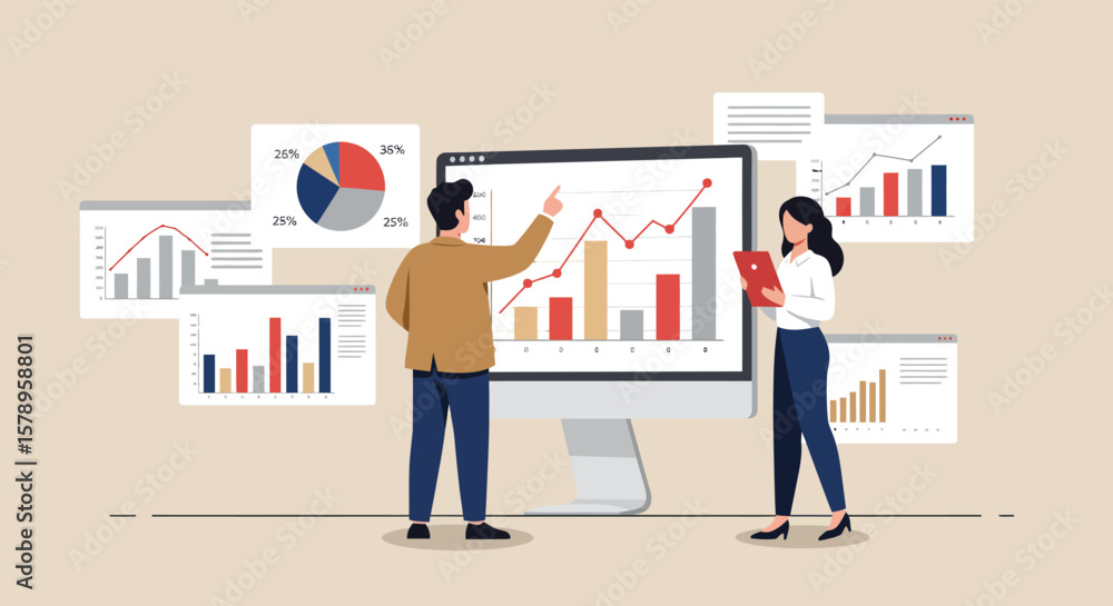 Poster business professionals analyzing financial growth charts and data on a computer screen discussing st