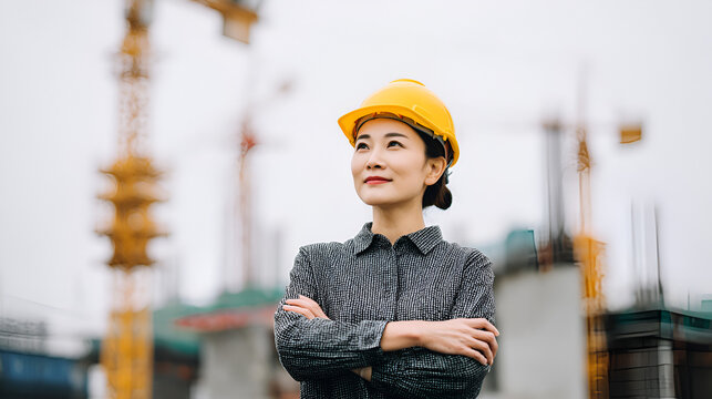 Woman in hard hat stands with arms crossed at a construction site