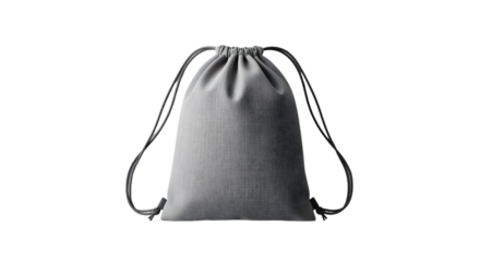Gray Drawstring Bag Made of Soft Fabric with Black Cord on Transparent Background