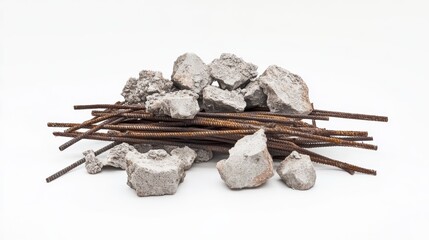 Pile of rubble and rusty rebar isolated on white background.