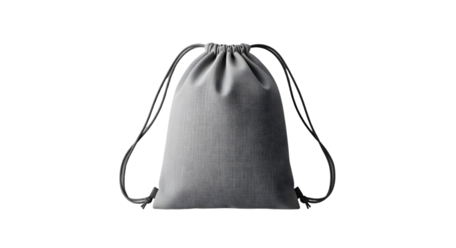 Gray Drawstring Bag Made of Soft Fabric with Black Cord on Transparent Background