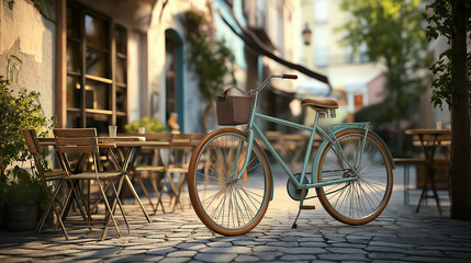 Vintage bicycle parked on cobblestone street near café