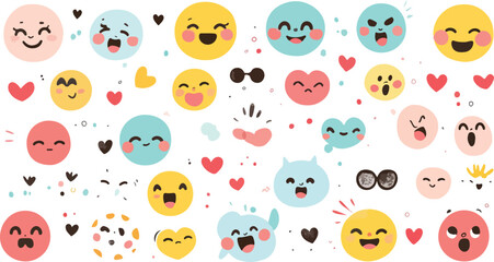 Cute Emoji Seamless Pattern with Hearts and Dots on White Background