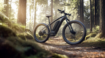 Electric mountain bike on forest trail in morning light